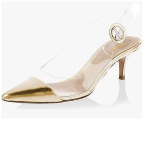 XYD Gold Transparent Slingback Kitten Heels Pumps Pointed Toe PVC Dress Sandals